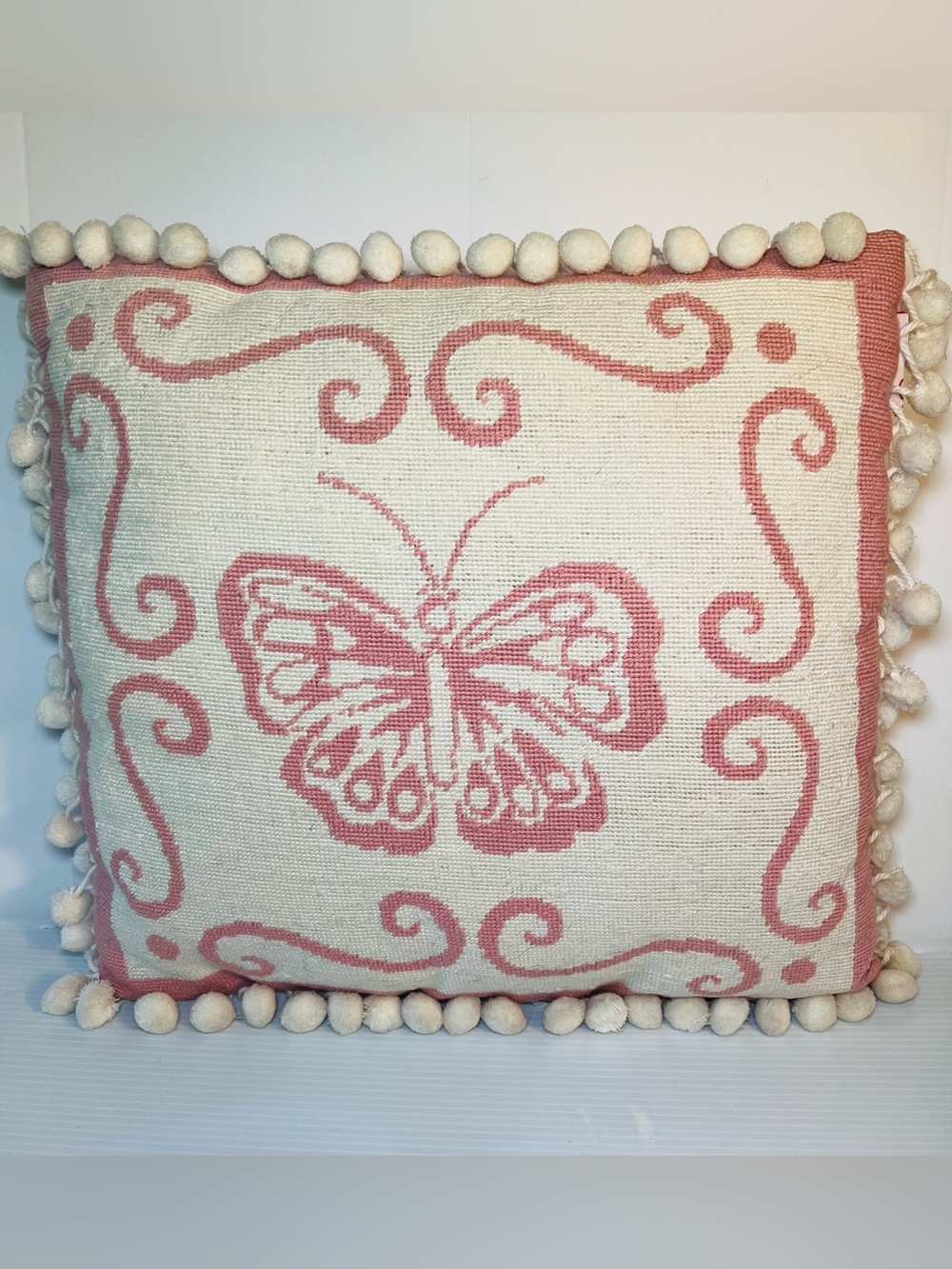 Rare Vintage Lilly Pulitzer Needlepoint Decorative Throw Pillow Pink and Cream